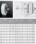 Diagram and specifications for Magnetic Particle Brake And Clutch System For Industrial Machinery, FZ Series Models FZ2.5–FZ400, FZ100 Y finish.