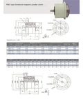 Diagram and specifications for a Heavy Duty Biaxial Magnetic Particle Brake with 0.5 to 5 Nm torque range for industrial equipment.
