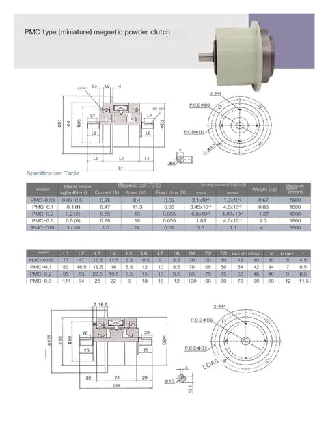 Diagram and specifications for a Heavy Duty Biaxial Magnetic Particle Brake with 0.5 to 5 Nm torque range for industrial equipment.