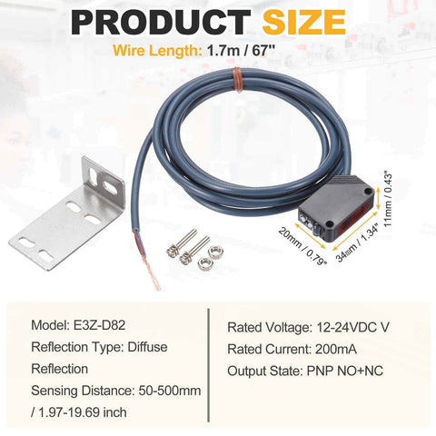 Industrial Grade Workhorse Diffuse Reflection Photoelectric Sensor 12 To 24 V DC With PNP NO NC Output shown with wire and bracket