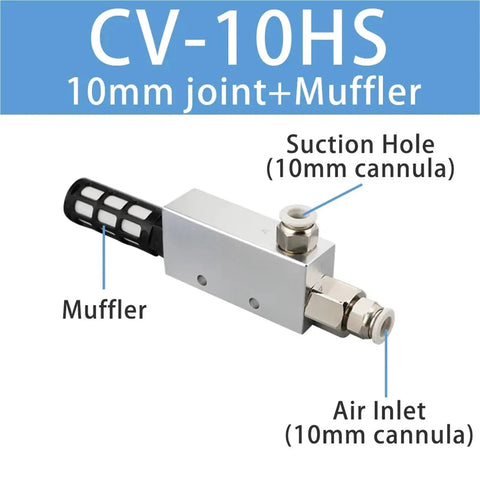 Vacuum Generator CV-10HS Series with Suction Cup and High Negative Venturi Ejector, 10mm Inlet, showing muffler and air inlet