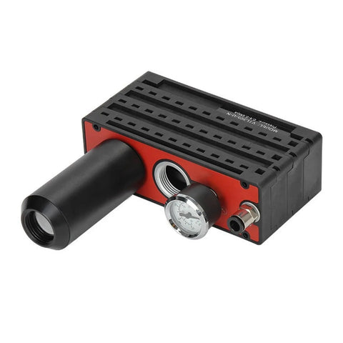 Side view of a Pneumatic Multi Stage Vacuum Ejector Pump For Industrial Automation And Material Handling with gauge and fittings.