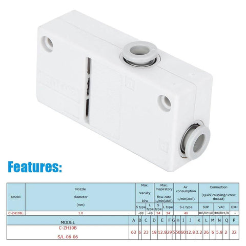 Workhorse Industrial Grade Pneumatic Vacuum Negative Pressure Generator For Automation, compact white unit, specs table.