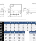 Technical drawing and dimensions table for Powerful Vacuum Generator With High Negative Venturi Air Exhaust Ejectors