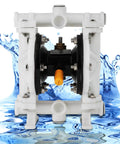 Air Operated Double Diaphragm Pump Workhorse 1/2 Inch Inlet Outlet with water splash, ideal for waste oil transfer, industrial use.
