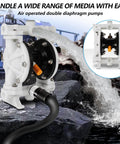 Air Operated Double Diaphragm Pump Workhorse 1/2 Inch Inlet Outlet in use, white with black components, handling liquid transfer