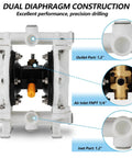 Air Operated Double Diaphragm Pump Workhorse 1/2 Inch Inlet Outlet with dual diaphragm construction for liquid transfer