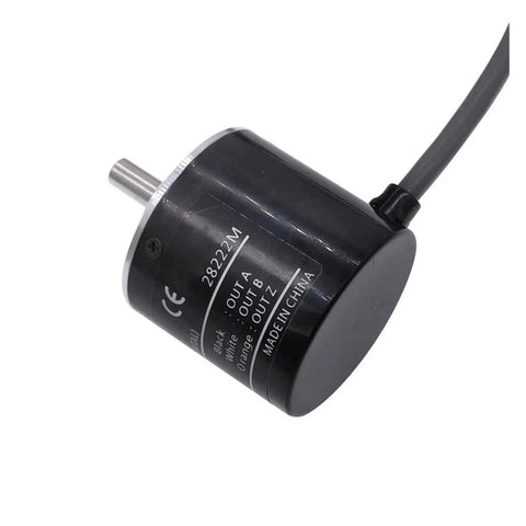 Close-up of black rotary encoder with 100 200 360 500 600 800 1000 2000 pulses per revolution, 5 to 24V DC, output switch.
