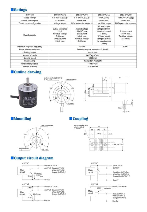 Diagram and specifications of Rotary Encoder With 100 200 360 500 600 800 1000 2000 Pulses Per Revolution, 5 To 24V DC.