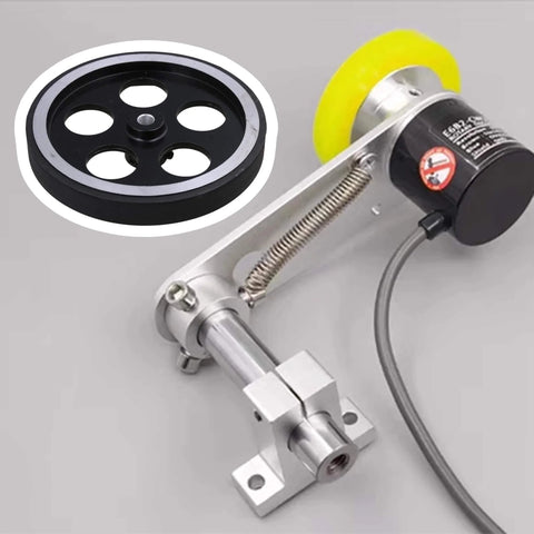 Aluminum And Rubber Rotary Encoder Wheel Black And Silver 300 X 6mm for precise conveying speed measurement in industrial automation.