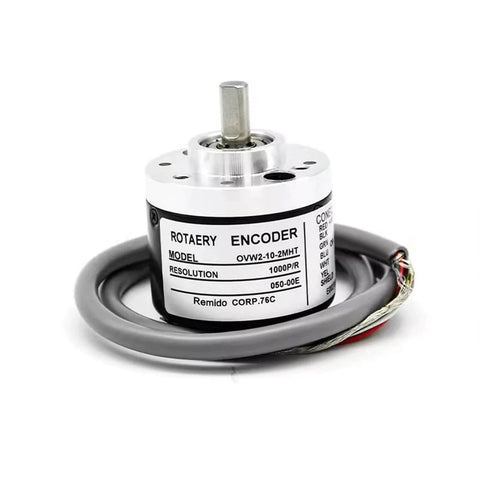 6mm Solid Shaft Incremental Rotary Encoder With 10 To 10000 PPR, silver cylindrical sensor with attached cable for CNC and textile machines