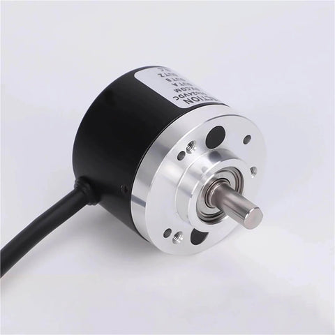 6mm Solid Shaft Incremental Rotary Encoder With 10 To 10000 PPR, black casing and silver shaft, suitable for textile and CNC machines.