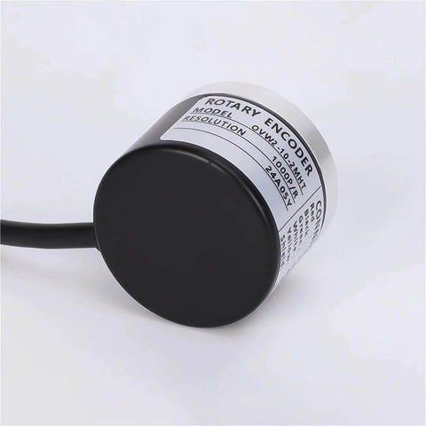 Close-up of 6mm Solid Shaft Incremental Rotary Encoder With 10 To 10000 PPR, Industrial Grade Textile and CNC Machine Encoder, labeled model.