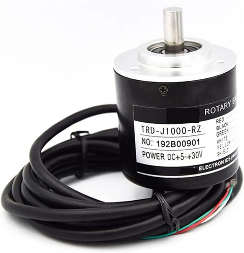 Absolute Rotary Encoder TRD-J1000-RZ Position Sensor For Industrial Machinery With Color J200, shown with cable and housing.