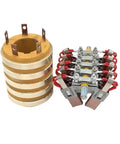 Two-piece five-way thickened collector slip ring assembly with copper ring stack and red leads.