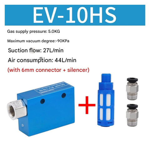 Rugged Suction Cup Vacuum System With Negative Pressure Control Valve and Air Ejector EV10HS 6mm shown with connectors and silencer