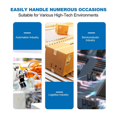 Industries using CV-10HS Vacuum Ejector And Pneumatic Exhaust Valve, automation, logistics, semiconductor sectors.