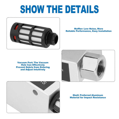 Detailed view of CV-10HS Vacuum Ejector And Pneumatic Exhaust Valve components, highlighting muffler, vacuum port, and aluminum shell material.
