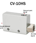 Vacuum Generator CV-10HS High Negative Venturi Ejector showing vacuum port, exhaust silencer, and air inlet G1/8 connections