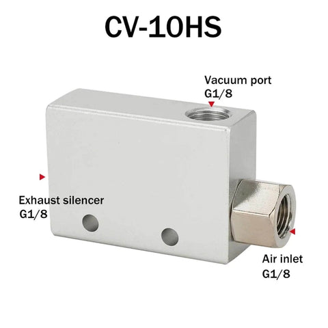 Vacuum Generator CV-10HS High Negative Venturi Ejector showing vacuum port, exhaust silencer, and air inlet G1/8 connections