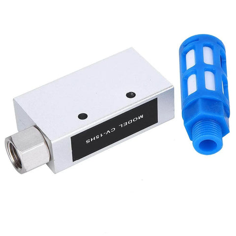 Cv-15Hs Vacuum Generator Venturi Vacuum Pump with silencer ejector, aluminum body, compact design, shown with blue attachment.