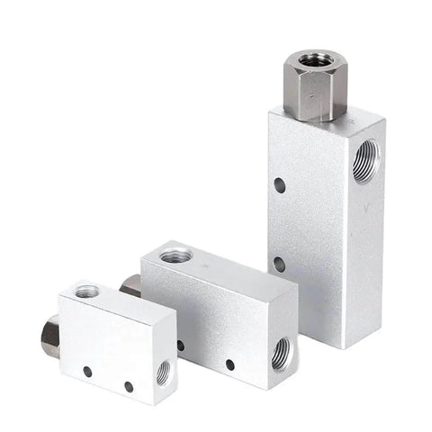 Pneumatic Vacuum Generator CV-15HS-10mm Negative Venturi Vacuum Ejector trio silver metallic blocks with threaded ports.