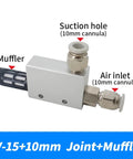 Pneumatic Vacuum Generator CV-15HS-10mm with muffler, suction hole, and air inlet labeled for industrial clamping and suction