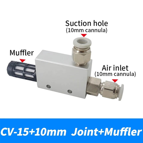 Pneumatic Vacuum Generator CV-15HS-10mm with muffler, suction hole, and air inlet labeled for industrial clamping and suction