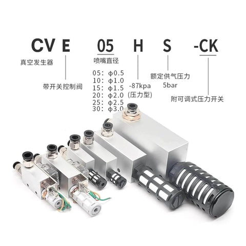 Heavy Duty Industrial Vacuum Generator CV Series With High Negative Venturi Air Exhaust Ejector For Pneumatic Systems 10HS 15HS 20HS 25HS 30HS models displayed in a line