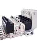 Boss Level Industrial Vacuum Generator Kit with ZZB03-01M5 modules for automated systems, shown from side view with plug connectors.