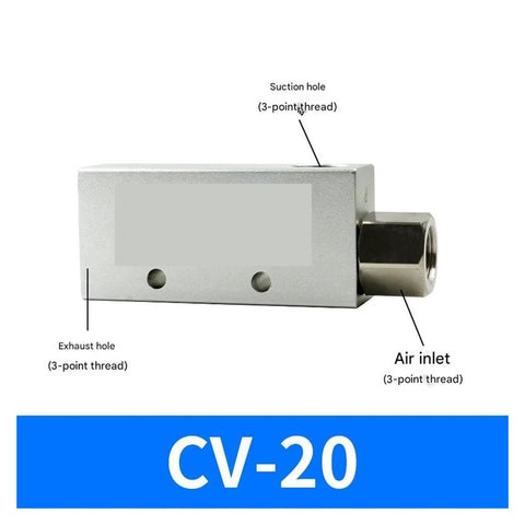 CV 20HS Beast Performance Vacuum Generator with labeled suction hole, exhaust hole, and air inlet for industrial automation.