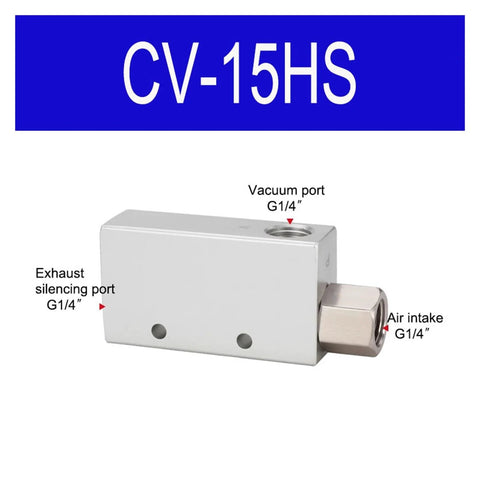 Industrial Vacuum Generator for Precise Pneumatic Suction and Air Pressure Control in Automation CV-15HS, side view with ports labeled.