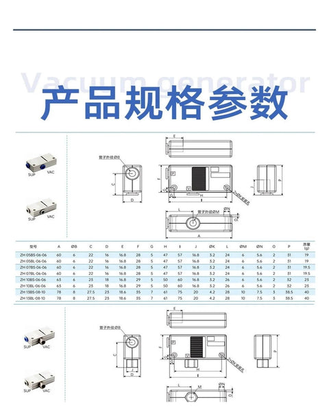 Technical diagram of Industrial Vacuum Generator With High Suction, Negative Pressure And Large Flow For Automated Gripping.