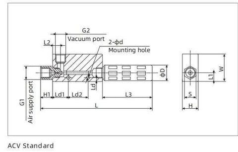 Technical diagram of Industrial Heavy Duty Vacuum Generator with Venturi Vacuum Pump up to 90,000 Pa for rapid suction in automation.