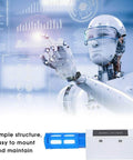 Go-To Pneumatic Vacuum Generator With Silencer And Exhaust Ejector shown with futuristic robot and graphs