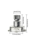 Front view of 5 Pack EC11 Rotary Encoder Switch with Push Button, 5 Pin SMD Type, 10mm Handle, metal casing, labeled dimensions.