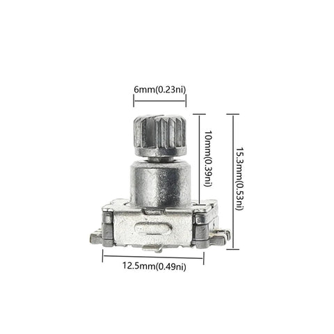 Front view of 5 Pack EC11 Rotary Encoder Switch with Push Button, 5 Pin SMD Type, 10mm Handle, metal casing, labeled dimensions.