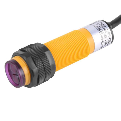 Infrared Photoelectric Sensor Switch, 3 Wire PNP, 6-36V DC Compatible, yellow sensor for conveyor automation.