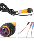 Infrared Photoelectric Sensor Switch, 3 Wire PNP, 6-36V DC Compatible, showing sensor and exposed wire ends, ideal for conveyors.