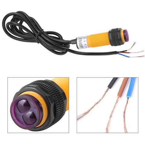 Infrared Photoelectric Sensor Switch, 3 Wire PNP, 6-36V DC Compatible, showing sensor and exposed wire ends, ideal for conveyors.