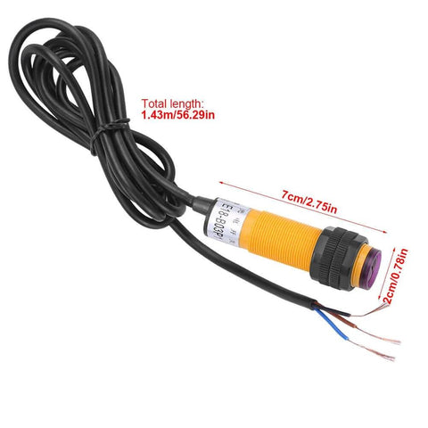 Infrared Photoelectric Sensor Switch, 3 Wire PNP, 6-36V DC Compatible, shown with cable, yellow casing, and measurement details.