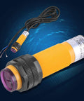 Infrared Photoelectric Sensor Switch, 3 Wire PNP, 6-36V DC Compatible, Industrial Automation Grade, shown with wiring and lens