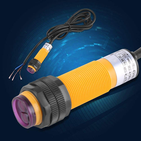 Infrared Photoelectric Sensor Switch, 3 Wire PNP, 6-36V DC Compatible, Industrial Automation Grade, shown with wiring and lens