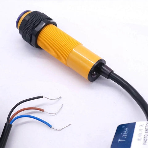 Infrared Photoelectric Switch Sensor E3F-DS10P1 with wiring, M18 thread, yellow housing, 6-36V DC, PNP normally open for automation use.