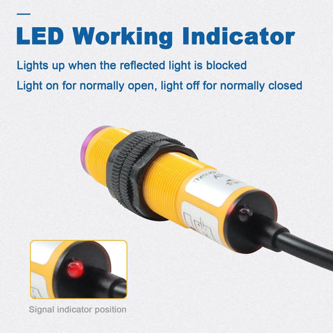 Infrared Photoelectric Switch Sensor With 5m Detection Range showing LED working indicator, close-up view