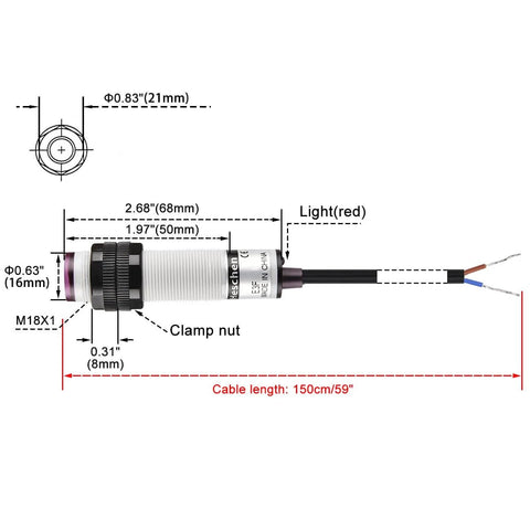 Diagram of Workhorse M18 Infrared Photoelectric Proximity Switch Diffuse Reflection Type With Normally Closed 2-Wire Output dimensions.