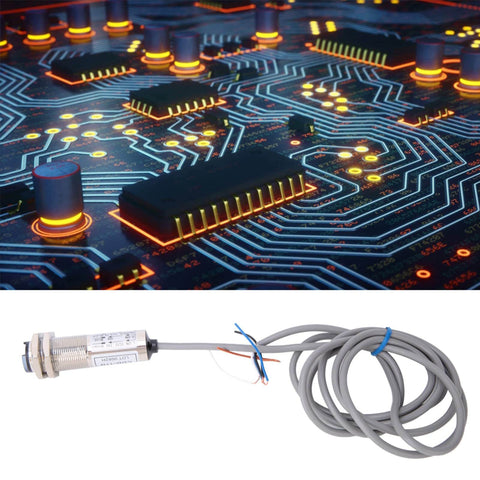 Infrared Proximity Sensor With 10mm Detection Distance NPN NO Photoelectric Switch for industrial automation, circuit background.