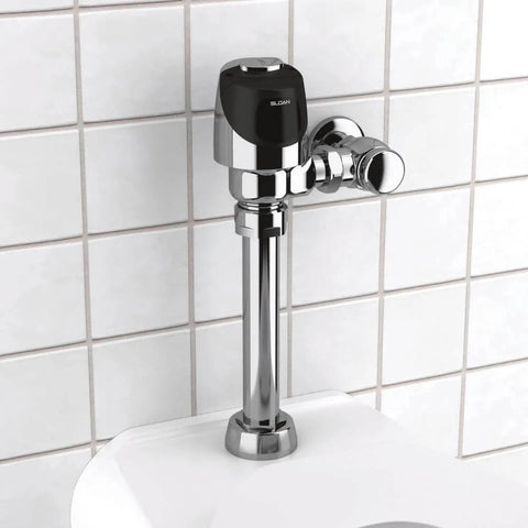 G2 Optima Plus 8111 Exposed Sensor Water Closet Flushometer with 1.6 GPF Valve, infrared sensor, chrome, installed view.