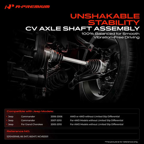 Close-up view of Front Left CV Axle Shaft Assembly for Jeep Grand Cherokee 2005-2010 and Commander 2006-2010 4WD without Limited Slip Differential Replacement Plug and Play Easy Install Driver Side