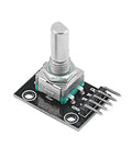 KY-040 rotary encoder module with detent push button on sensor board for 5 Pack KY-040 Rotary Encoder Module Kit With 120 Multicolor Breadboard Jumpers And Ribbon Cables, Detent Push Button, 360 Degree Rotation, 5V Sensor Board For DIY Arduino Projects And Microcontroller Learners.